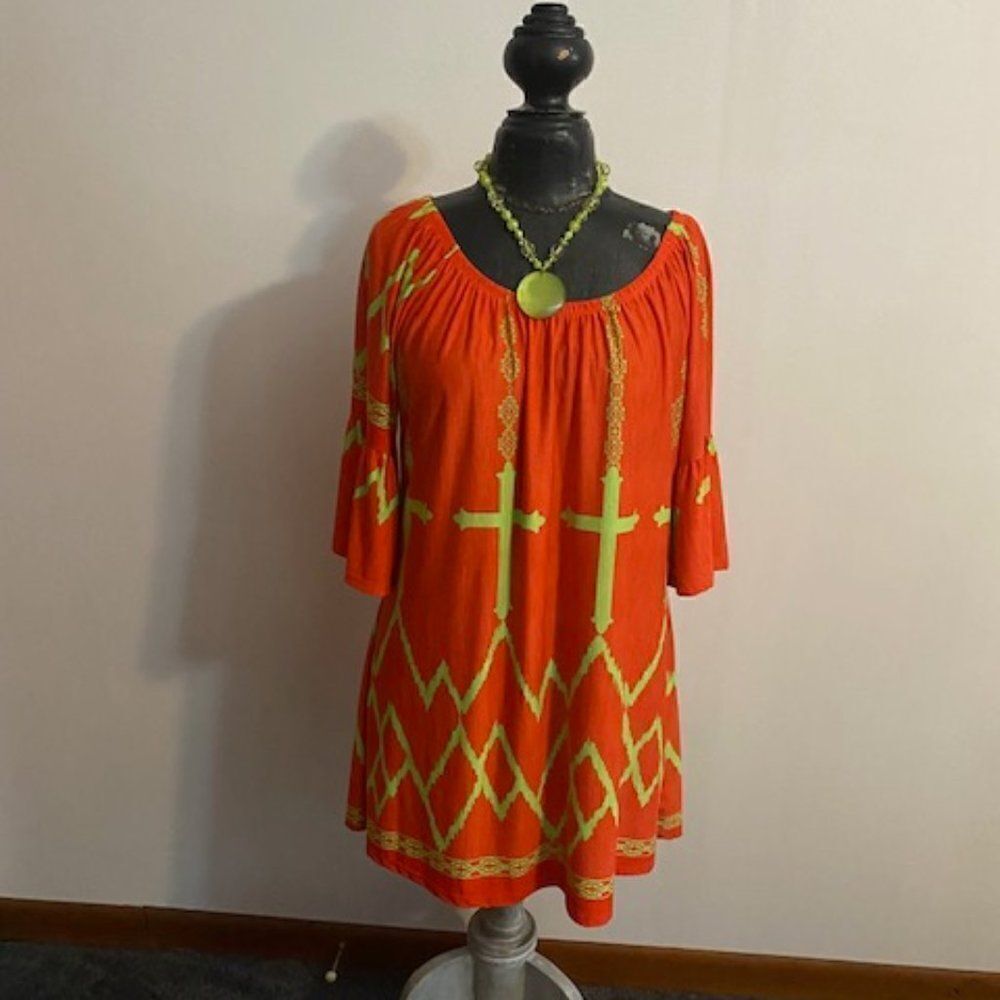 Cezanne Orange Green off the shoulder dress, size XL